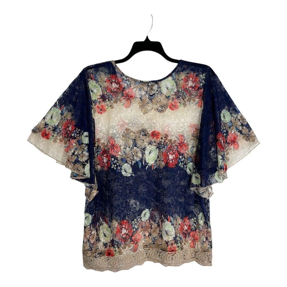 RAIN Lace Top Women's 1X Floral Kimono Sleeve Blouse Round Neck Ruffles Boho - Picture 4 of 8